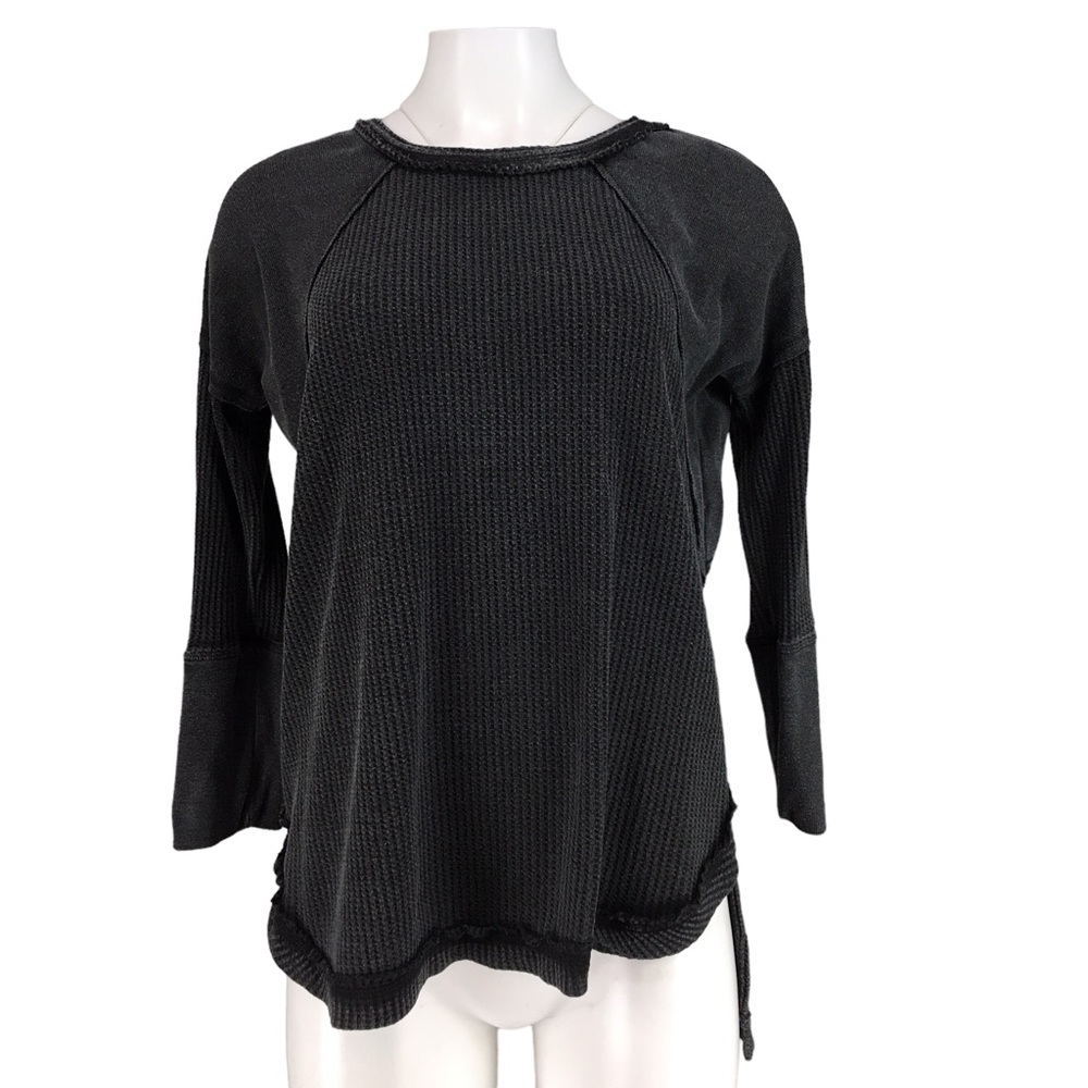 Soft Surroundings Shirt Long Sleeve Waffle Knit High Low  Charcoal Gray PETITE M
